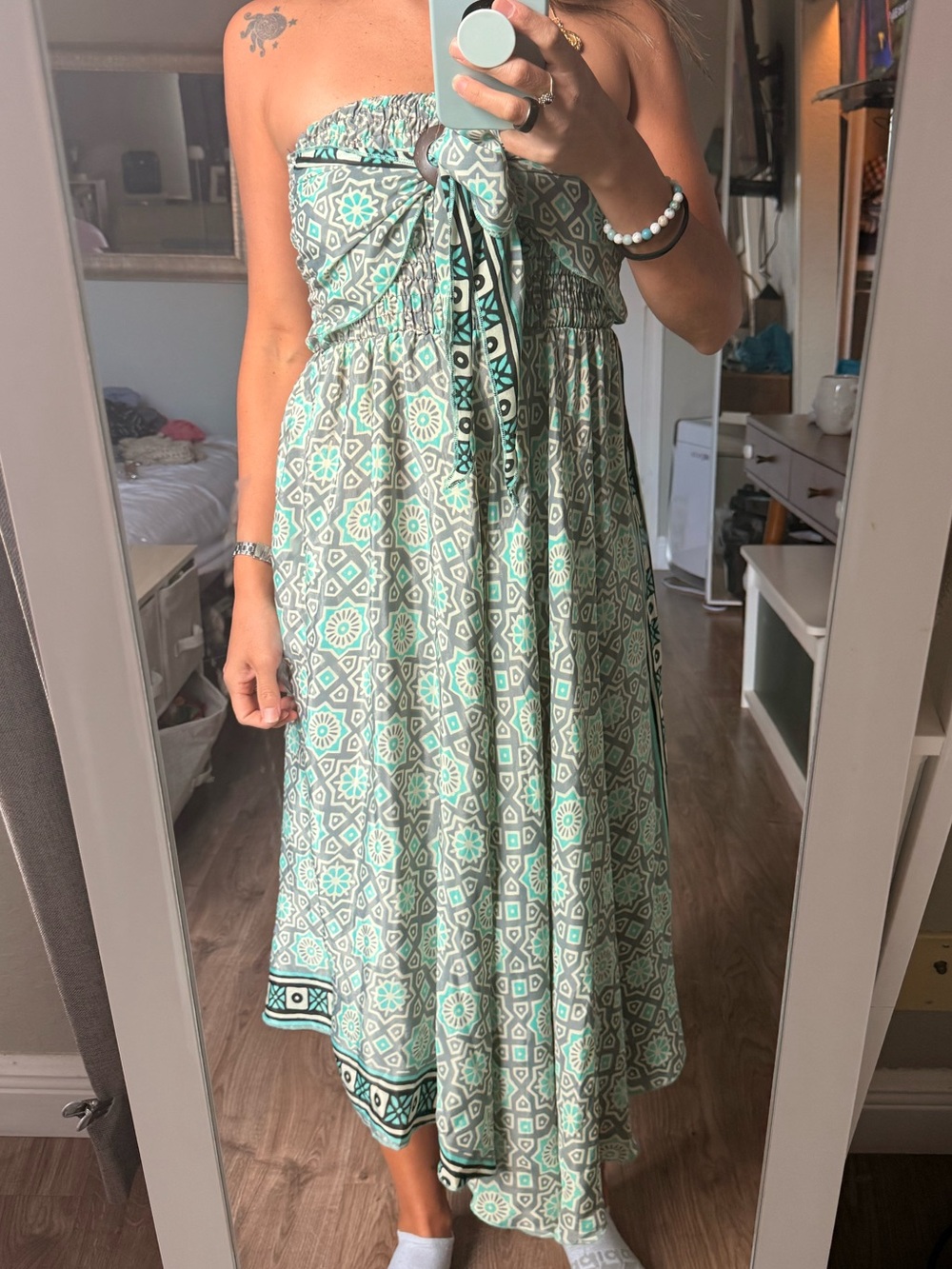 Boho Maxi Dress Green Teal Geometric Print Strapless Tie Front Resort Dress